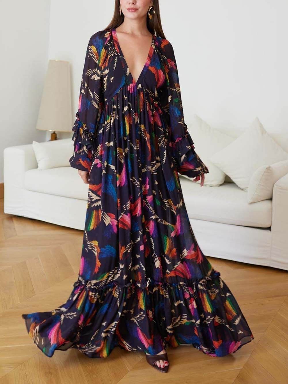 Delicately Patterned V-Neck Ruffle Sleeve Details Maxi Dress Black