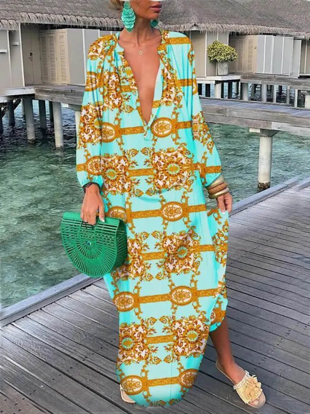 Bohemian V-Neck Printed Maxi Dress Green