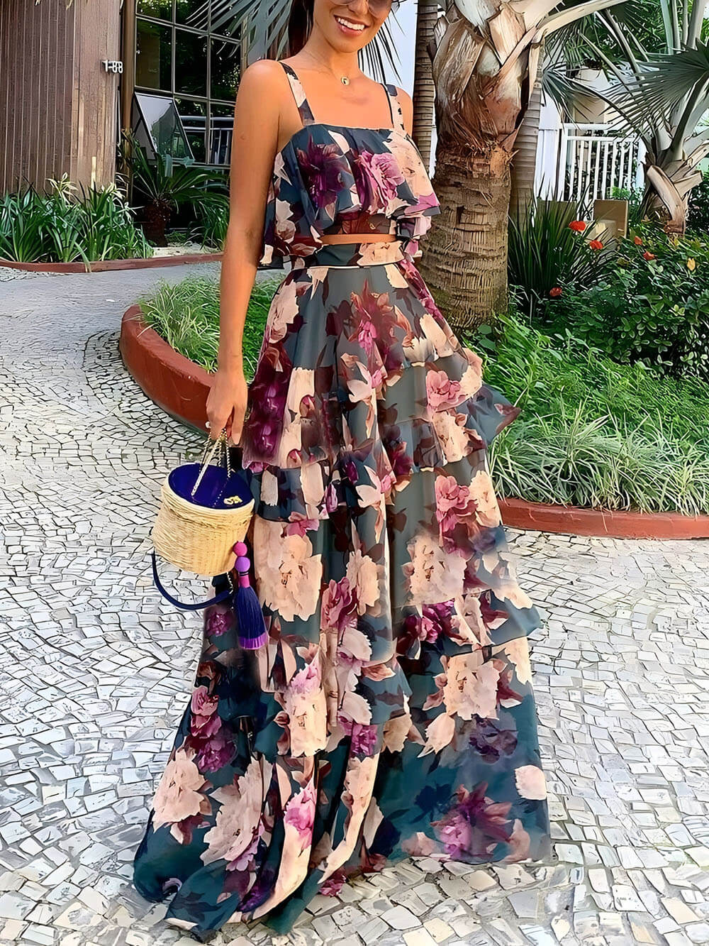 Elegant Classic Floral Print Ruffled Camisole Top And Maxi Skirt Set Multicolor