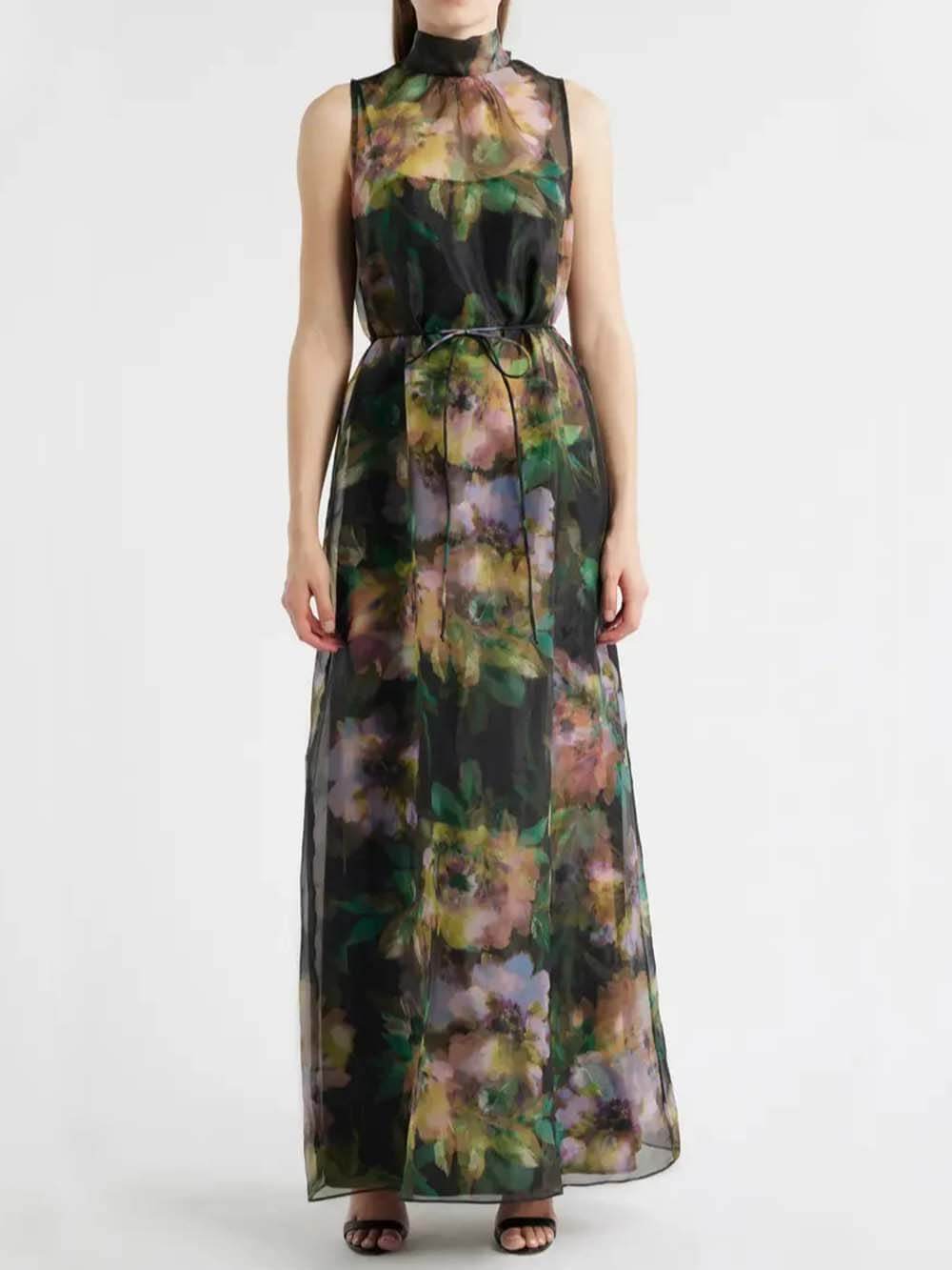 Unique Floral Print Tie-Drawn Chiffon Cocktail Maxi Dress Multicolor