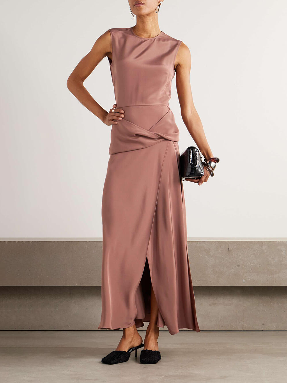 Elegant Cutout Draped Satin Maxi Dress Brown