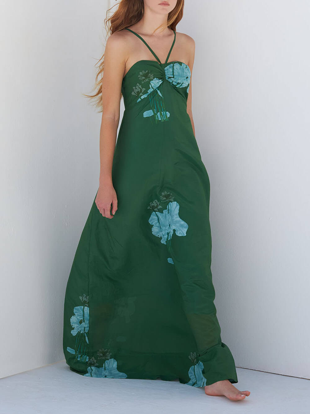 Elegant Ruched Printed Spaghetti Strap Maxi Dress Green