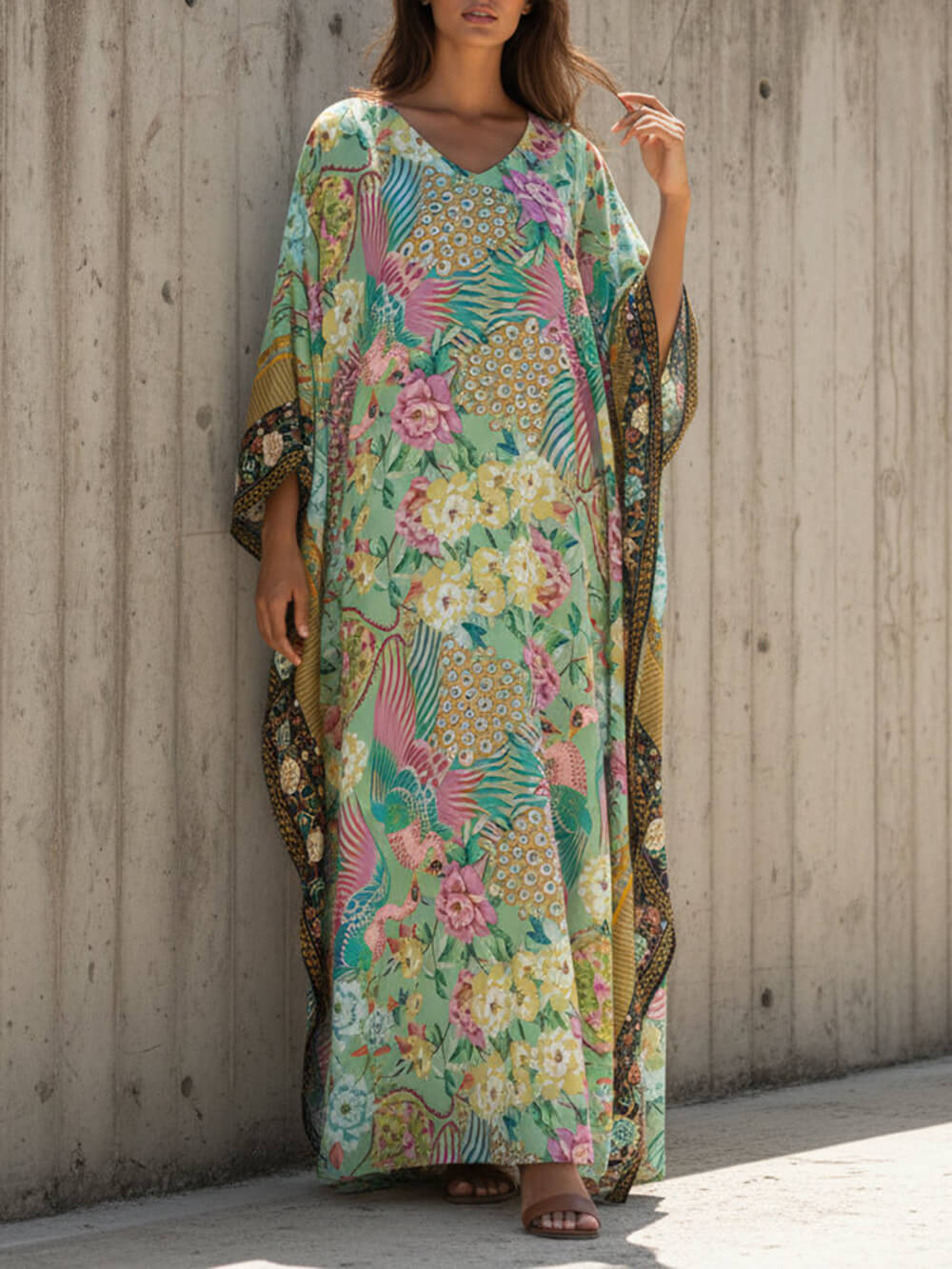 Modern Casual Peacock Print Kimono Beach Maxi Dress Multicolor