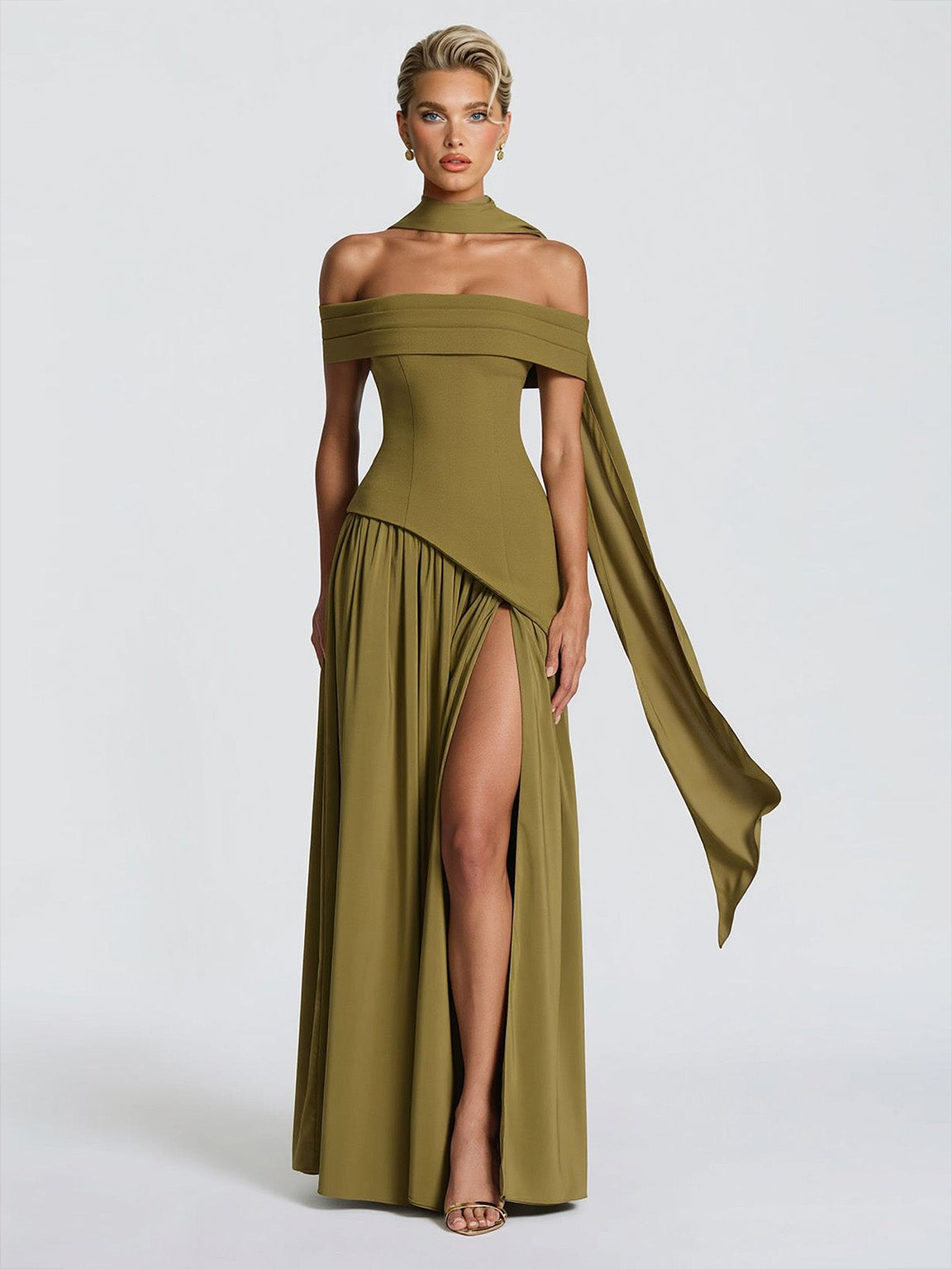 Elegant Off-Shoulder Asymmetric Chiffon Maxi Dress Green
