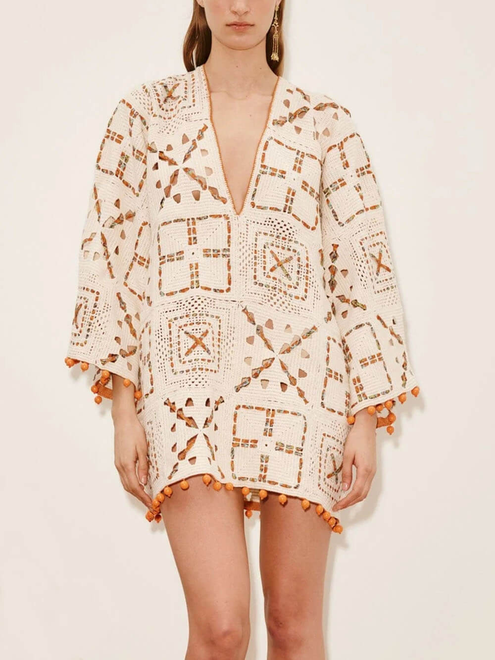 Exquisite Color-Block Print V-Neck Crochet Mini Dress Beige