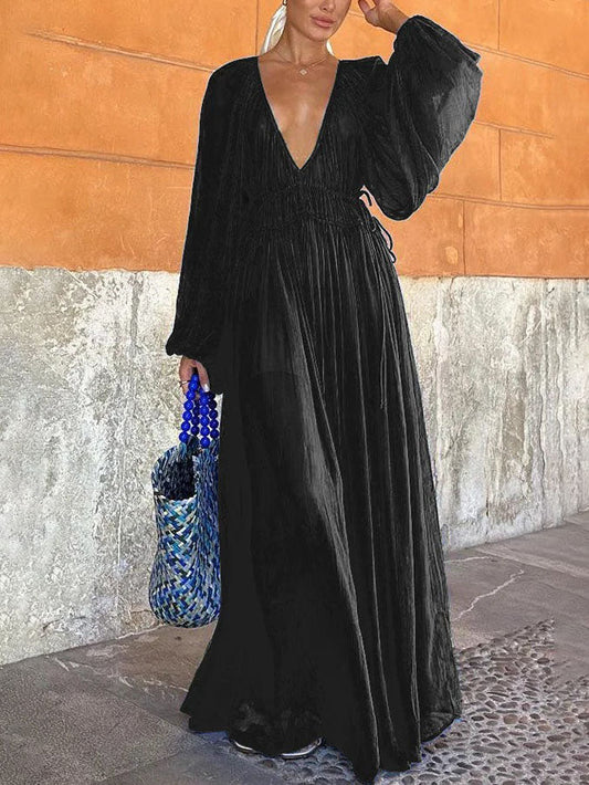 Elegant V-neck Chiffon Waist Pleated Maxi Dress