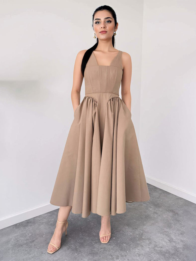 Elegant Strapless A-line Party Midi Dress Khaki