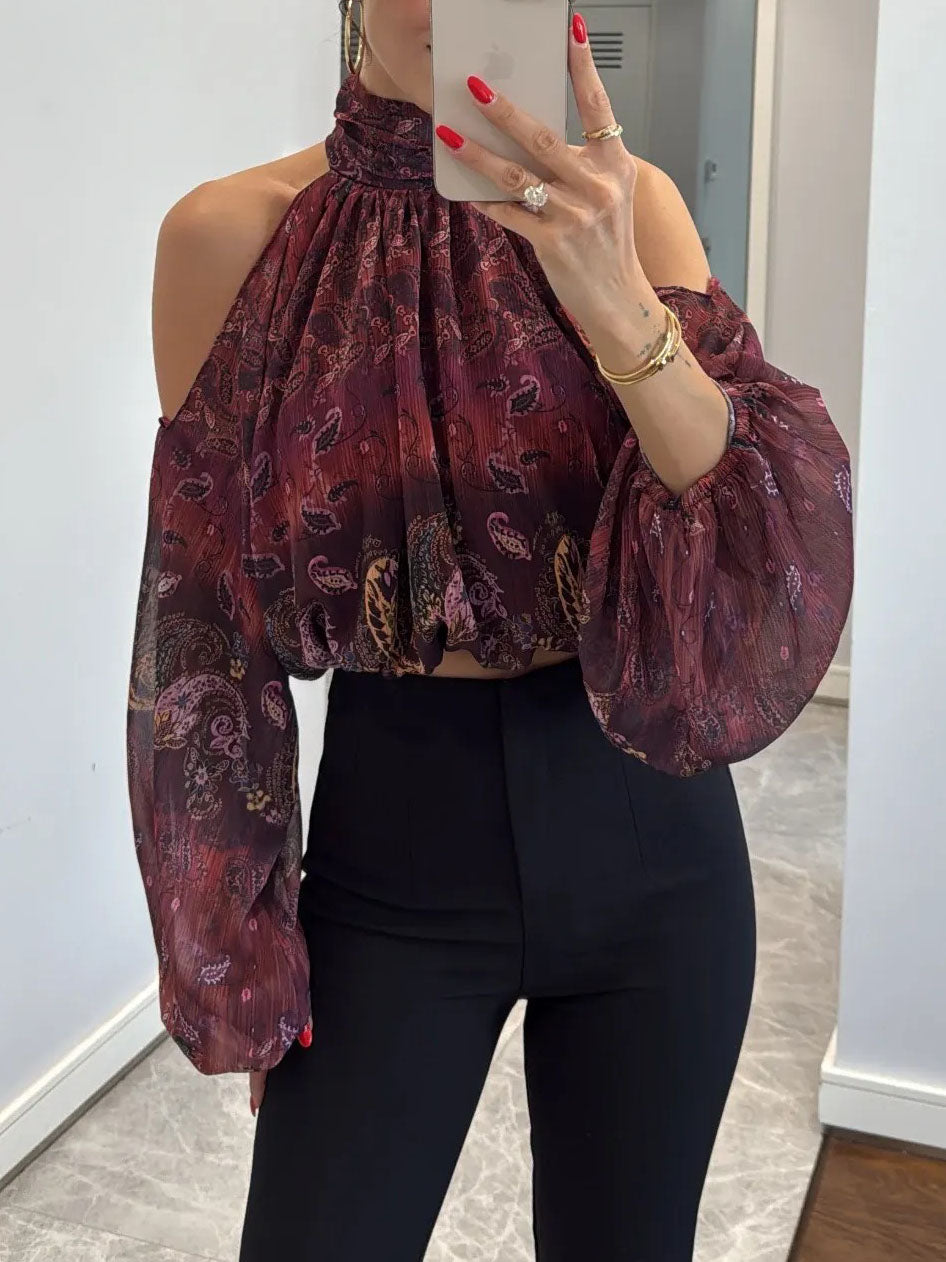 Retro Paisley-print Chiffon Off-the-shoulder Shirt Red