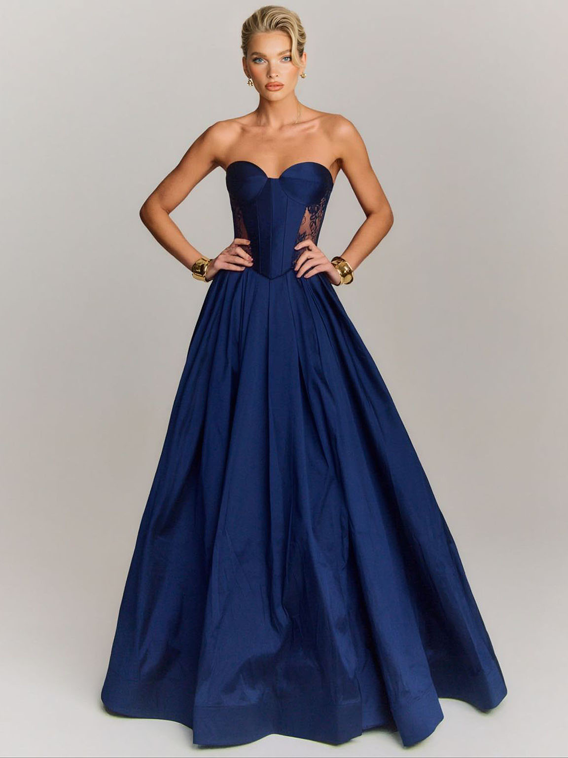 Elegant Strapless Lace-Panel Ball Gown Maxi Dress Blue