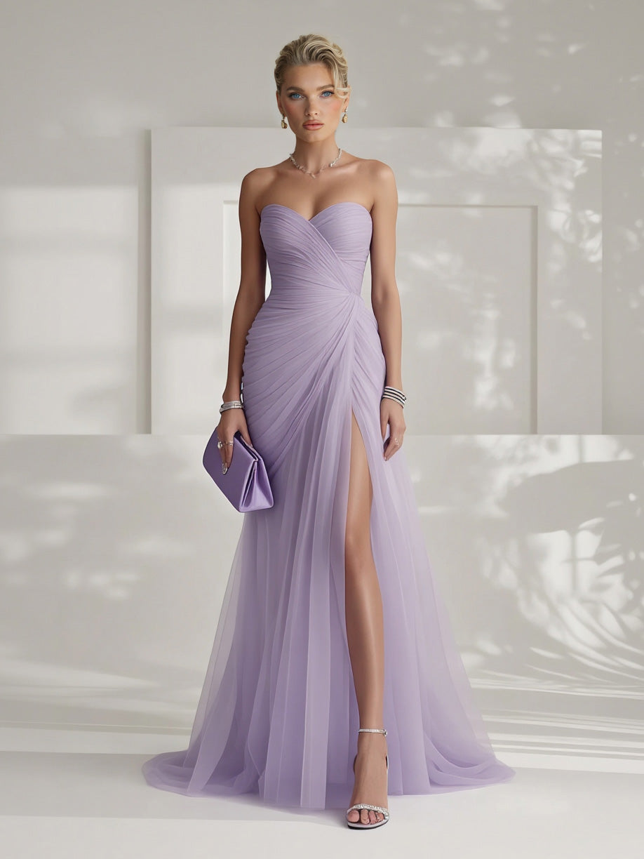 Elegant Strapless Pleated Tulle Maxi Dress Purple
