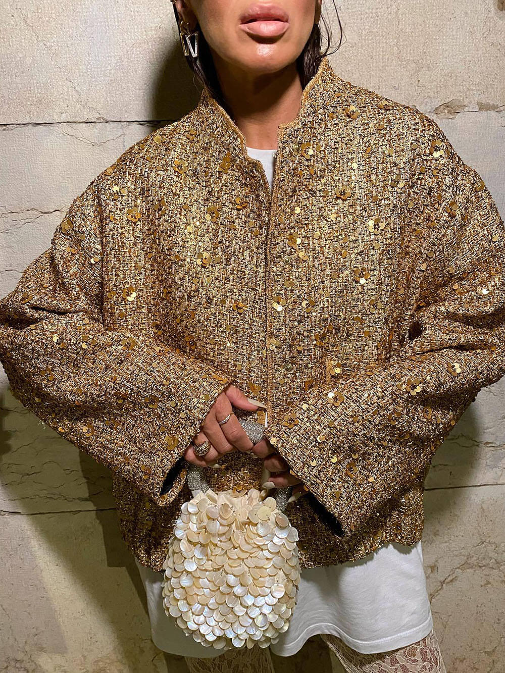 Retro Sequin Zip-Up Long Sleeve Jacket Gold