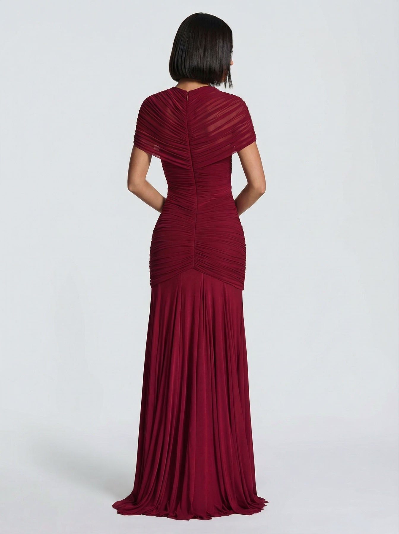 Mesh Pleated Short-sleeved Cutout Maxi Dress