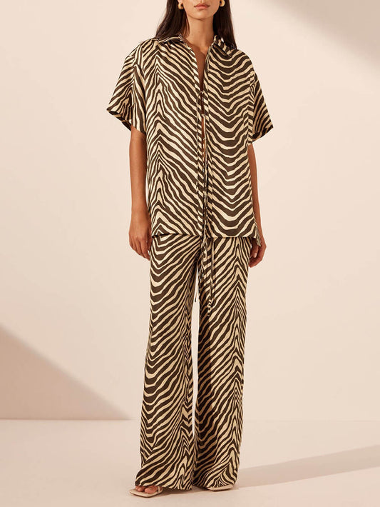 Exquisite Satin Unique Wave Pattern Print Drawstring Elastic Waist Wide Leg Pants