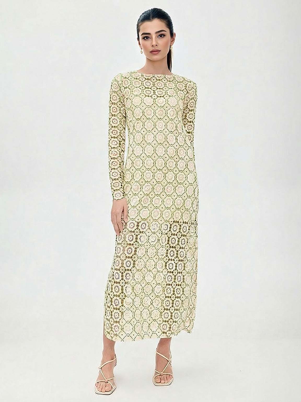 Elegant Long-Sleeve Crochet Lace Maxi Dress Green