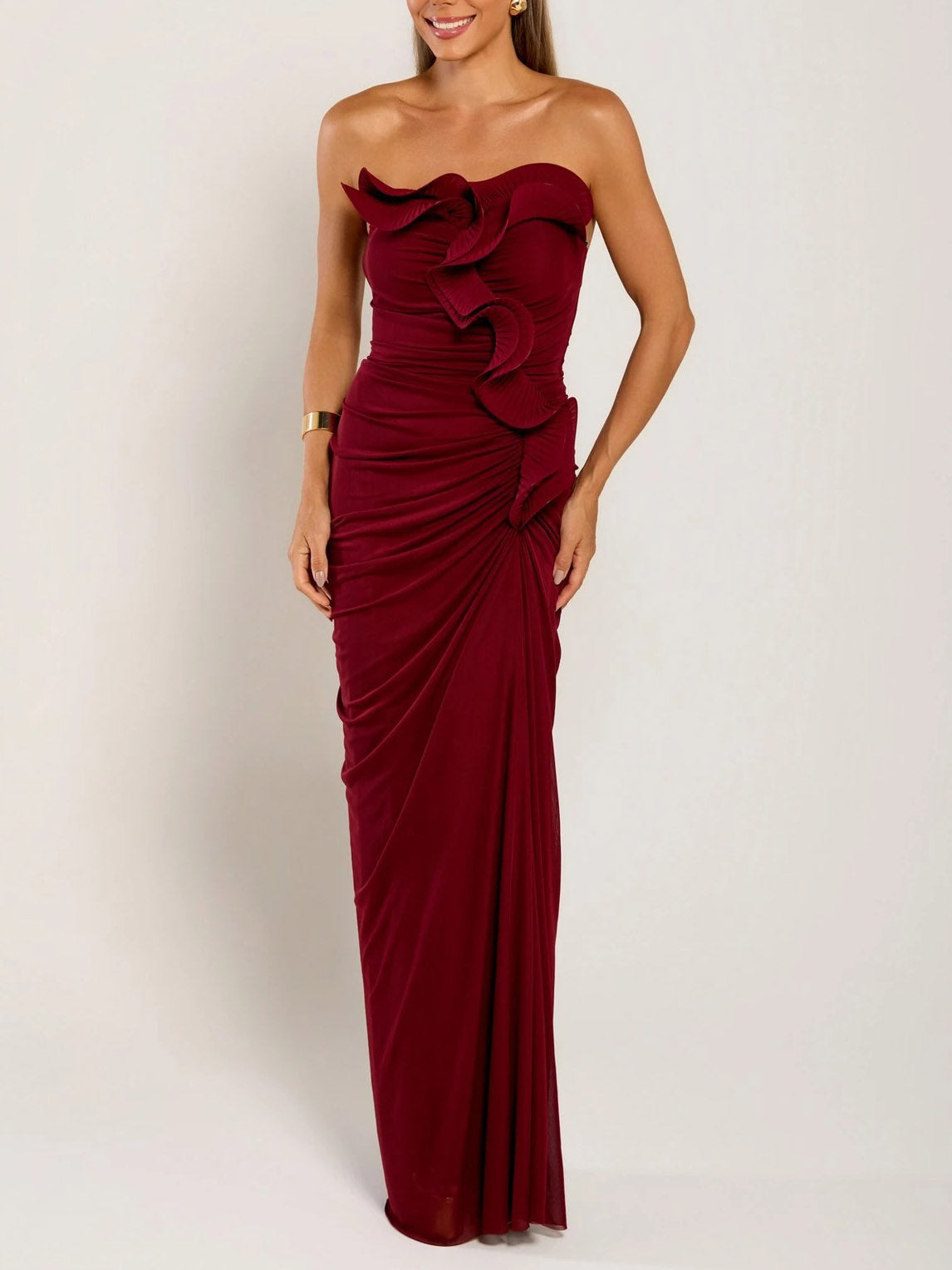 Elegant Strapless Ruched Floral Applique Maxi Dress Dark Red