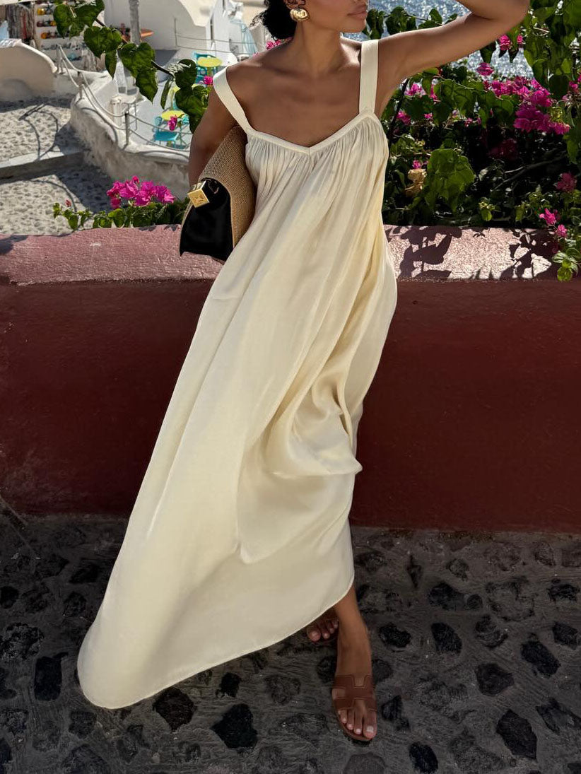Elegant Satin Square Neckline Flowing Pleated Halter Dress