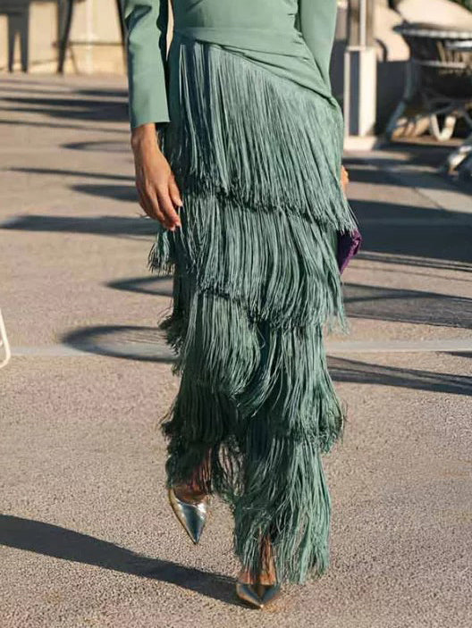 Elegant Layered Fringe Skirt Green