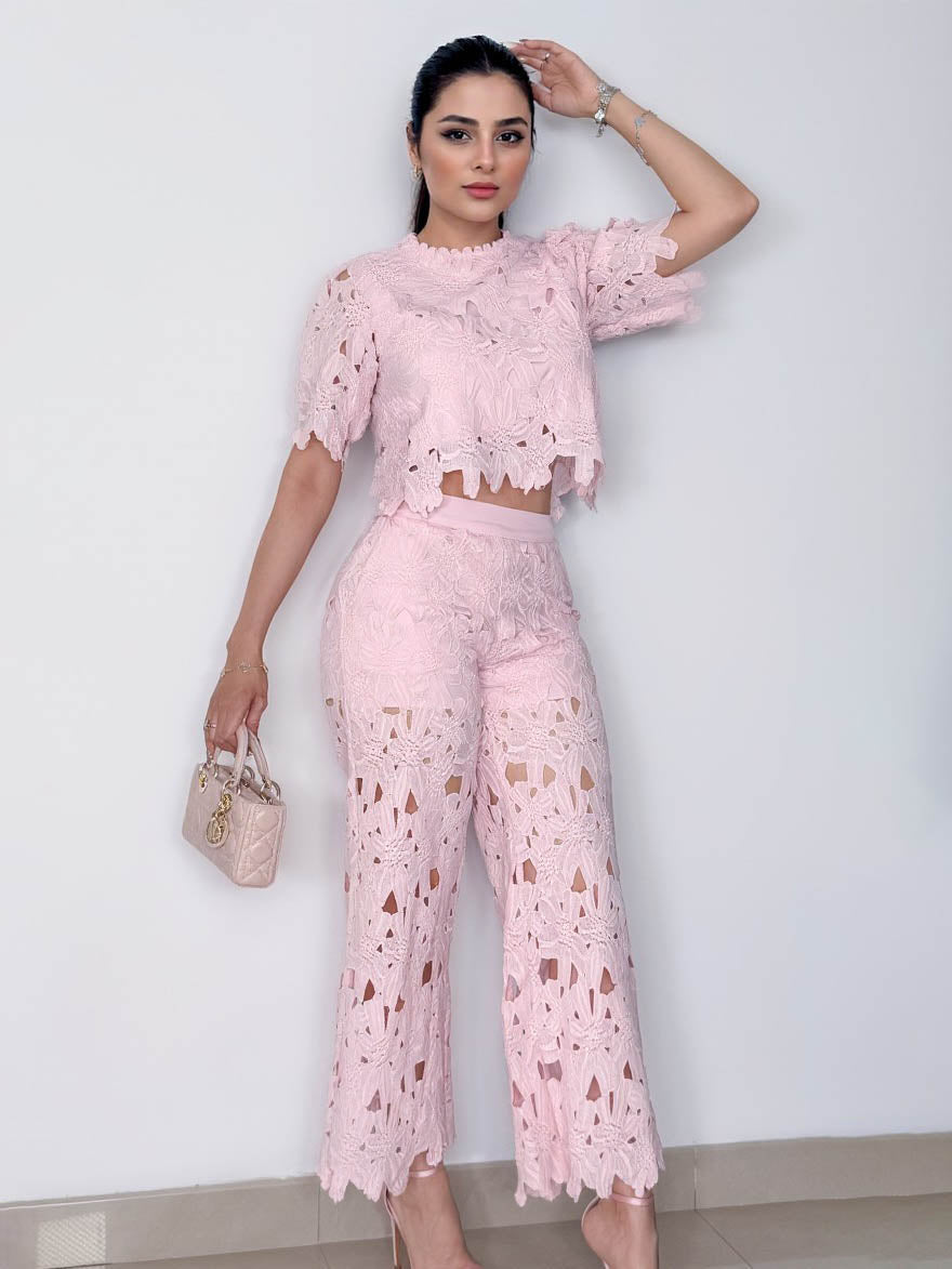 Elegant Lace Crop Top & Wide-Leg Pants Two-Piece Set Pink Set