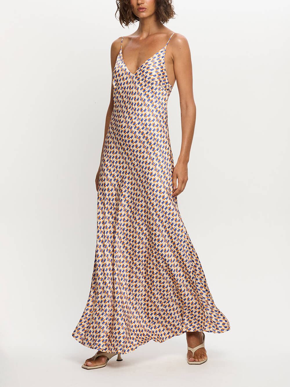 Elegant Geometric Print Strappy Maxi Dress Blues