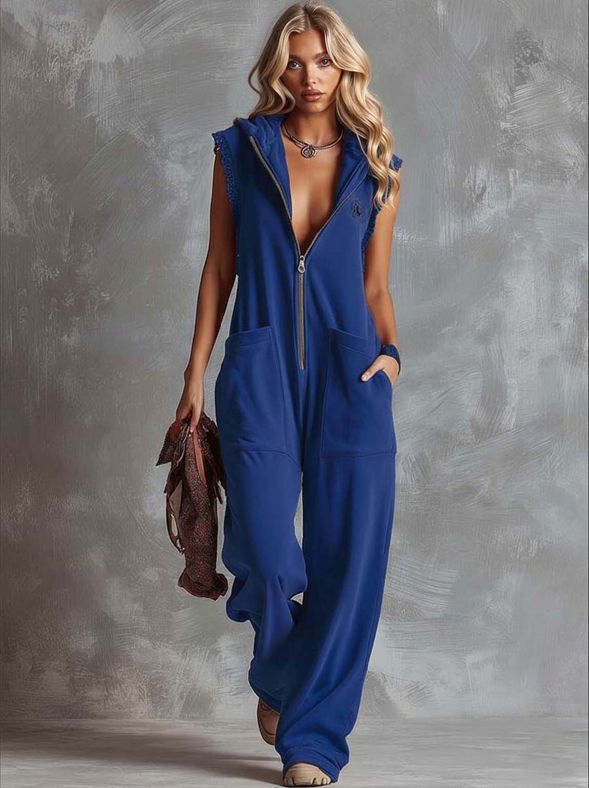 Retro Hooded V-Neck Zip-Front Jumpsuit Blue
