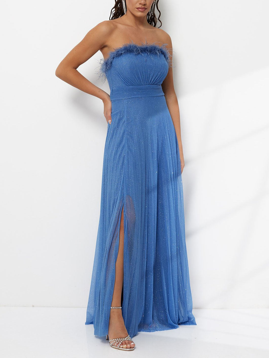 Elegant Feather Trim Shimmer Strapless Maxi Dress Blue