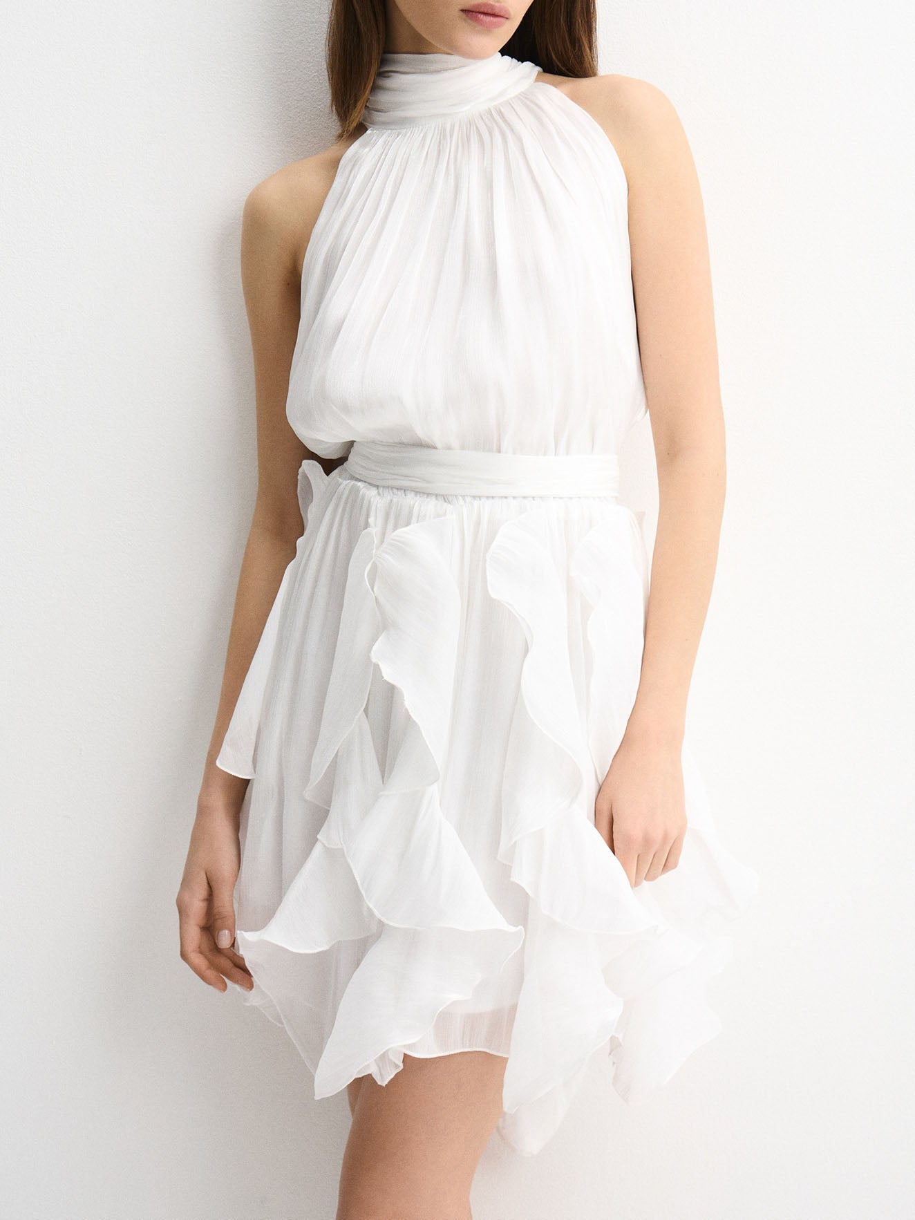 Elegant Shimmer Ruched Tiered Ruffle Mini Dress White