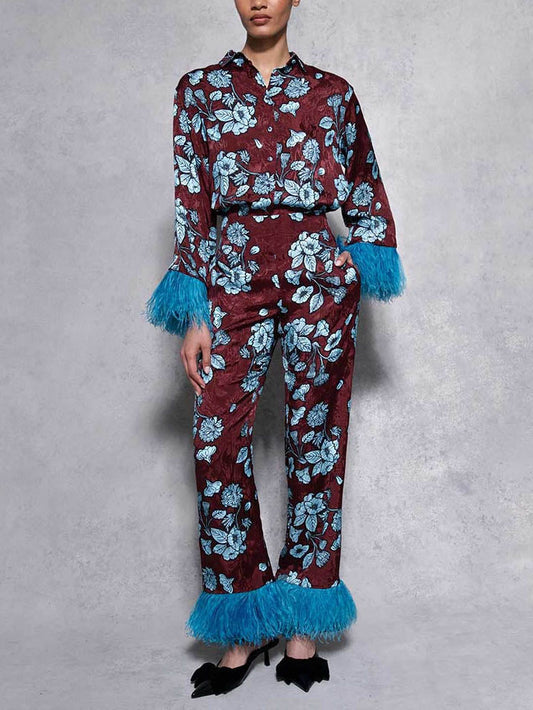 Retro Floral Print Satin Feather Long-sleeved Two-piece Suit