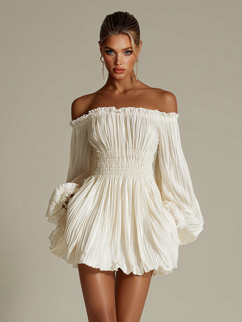 Elegant Off-shoulder Pleated Satin Puff Sleeve Mini Dress Beige
