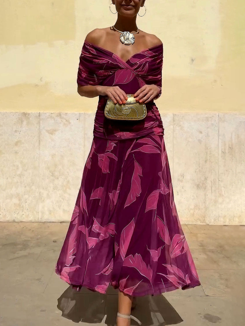 Elegant Off-Shoulder Ruched Leaf Print Maxi Dress Rose Red