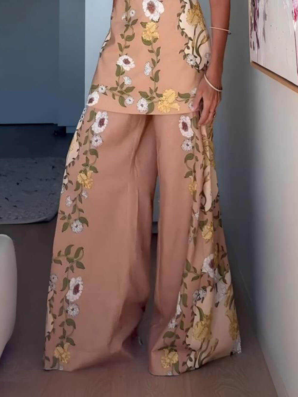 Chic Perfect Style Linen Blend Floral Elastic Waist Flare Pants Pink