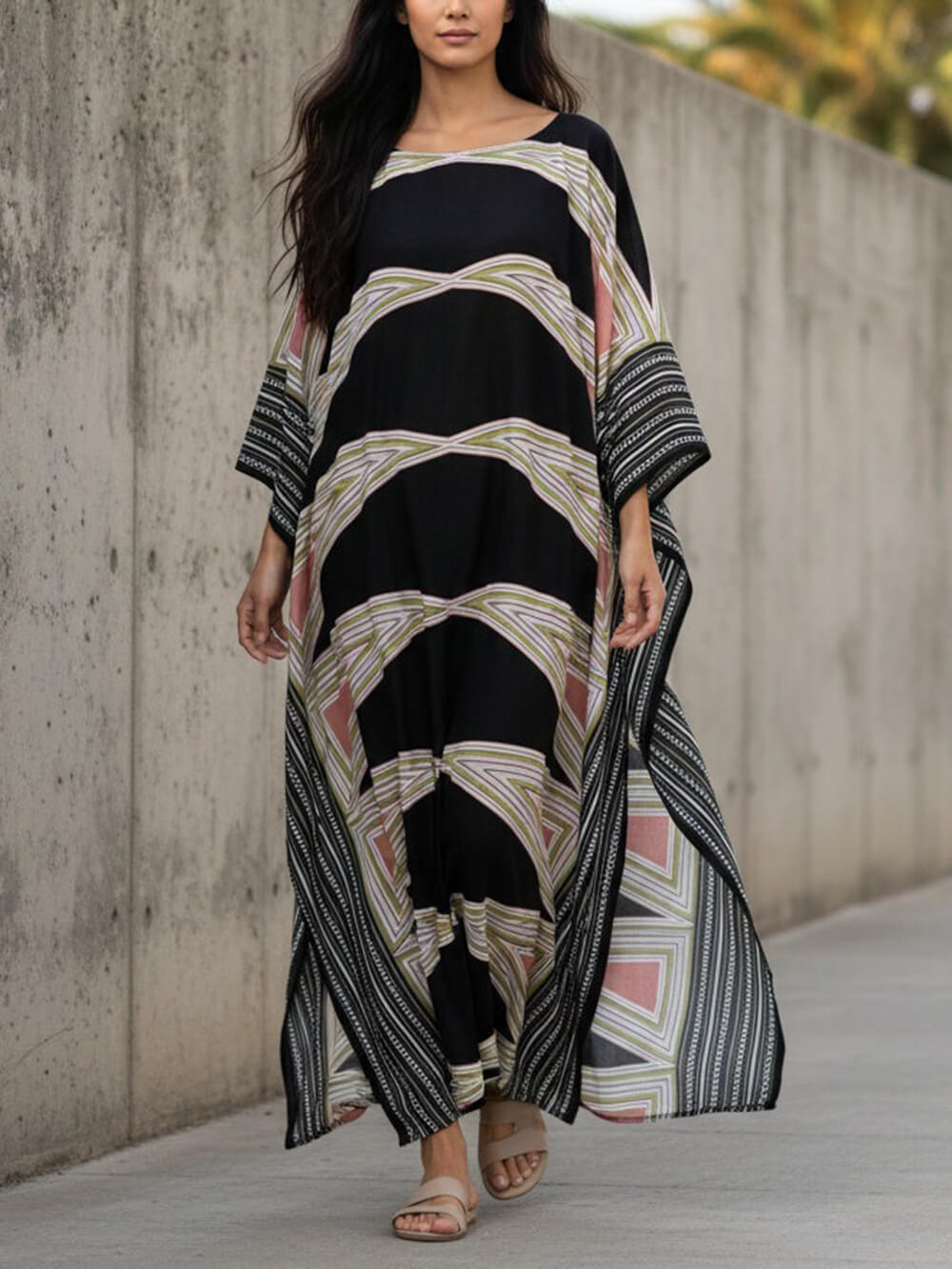 Retro Puzzle Print Kimono Beach Maxi Dress Black
