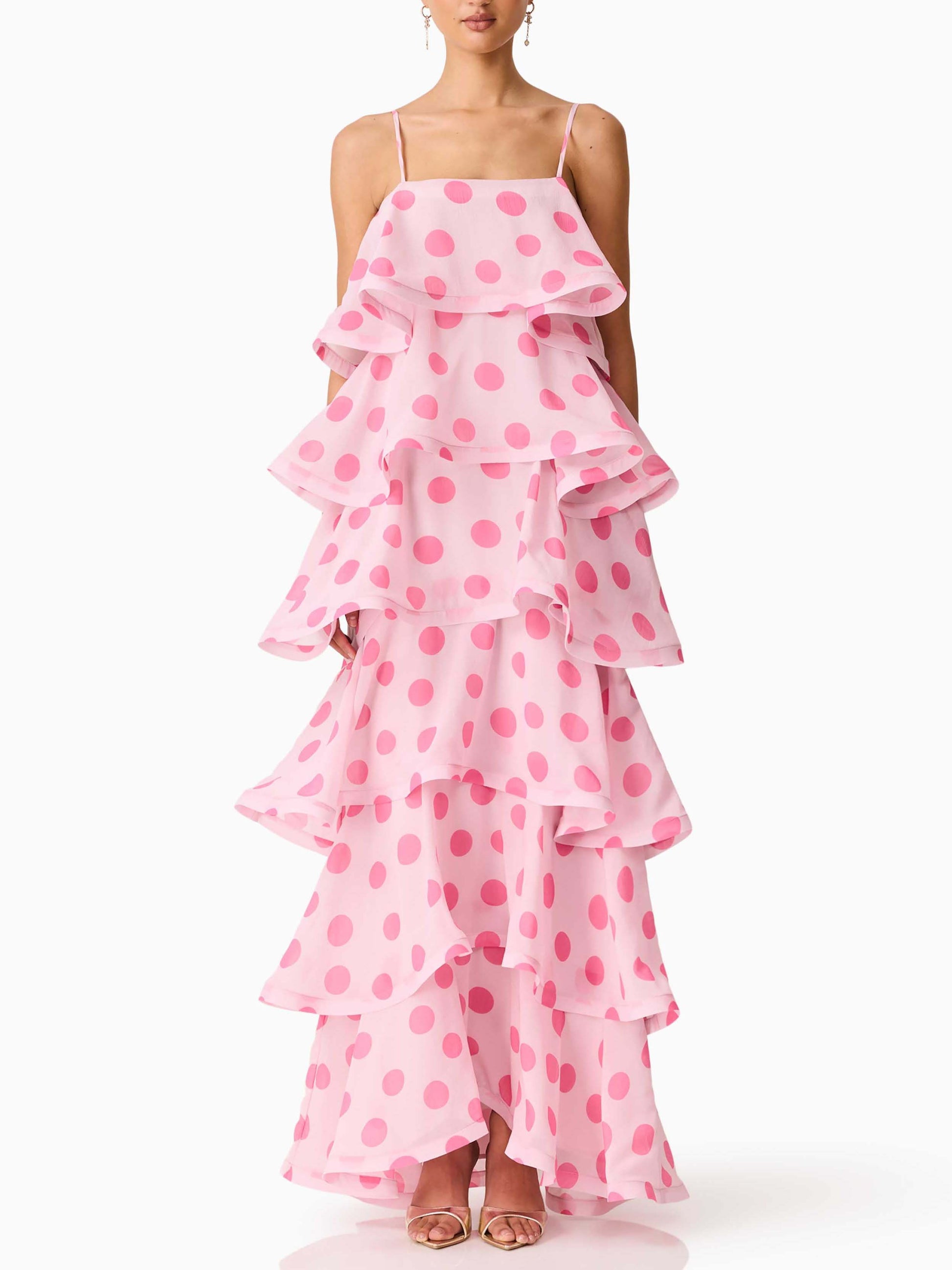 Elegant Polka Dot Tiered Ruffle Maxi Dress Pink