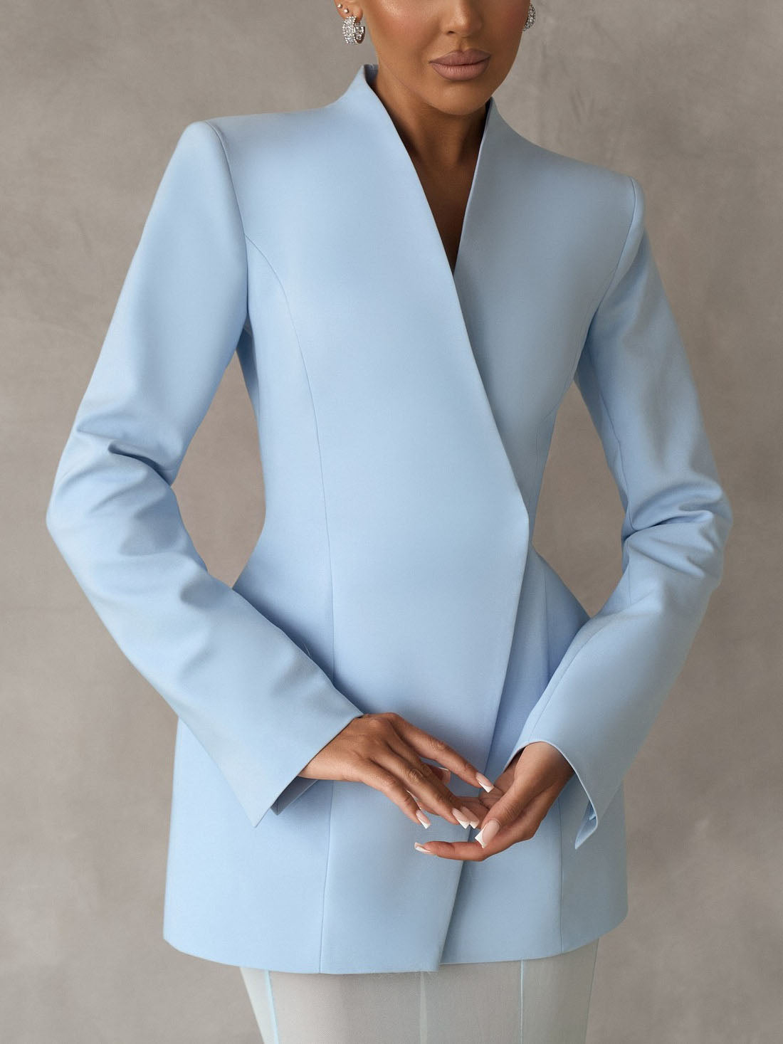Elegant Asymmetric Concealed Button Blazer Light Blue