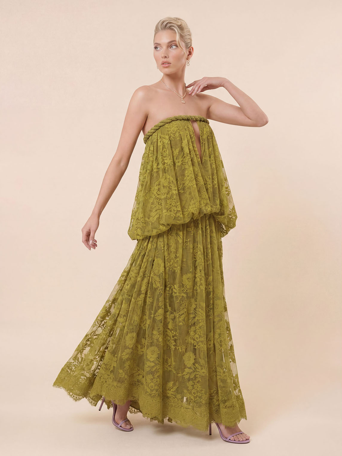 Elegant Strapless Lace Flowy Maxi Dress Green