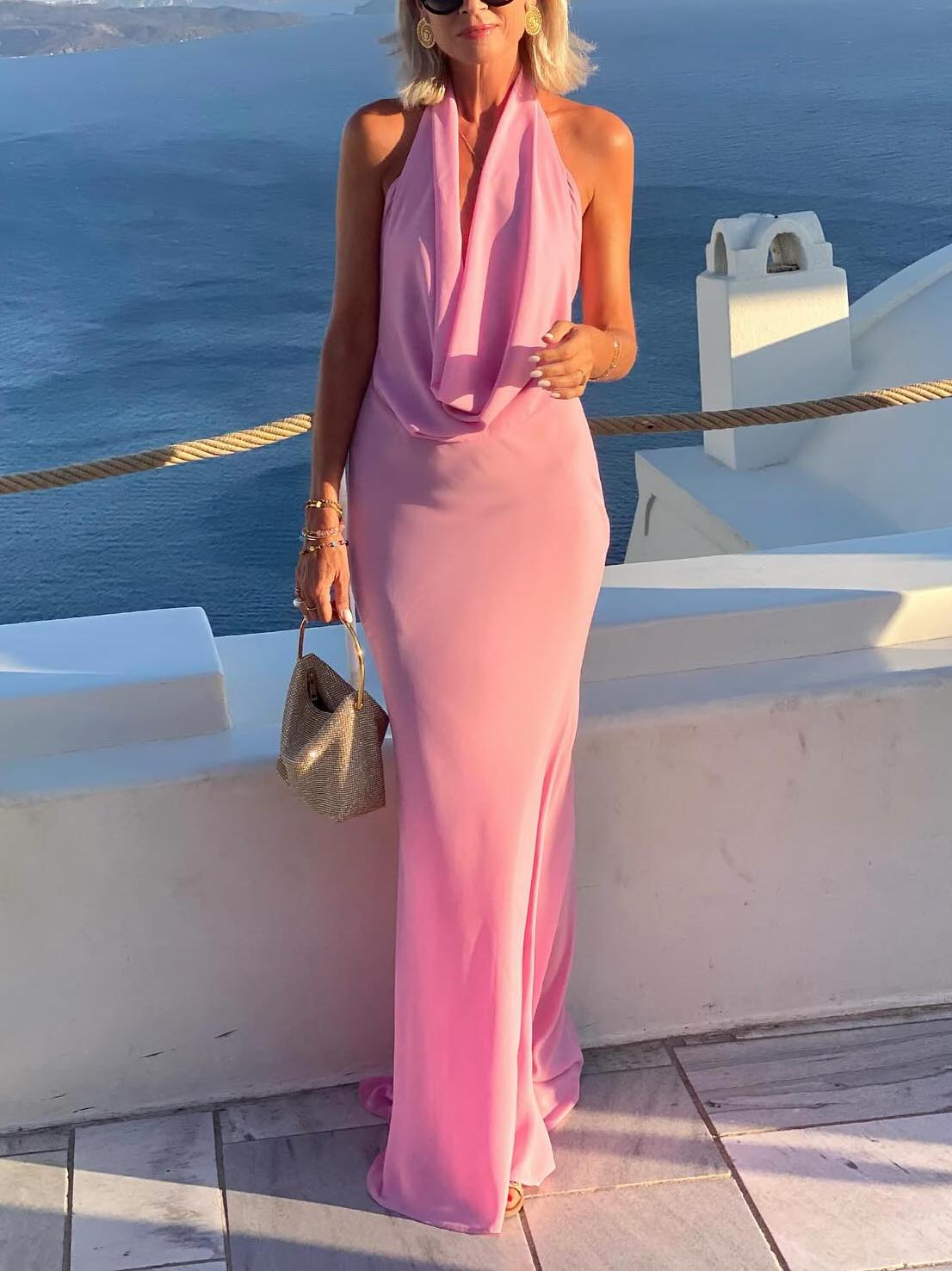 Elegant Draped Halterneck Backless Maxi Dress Pink
