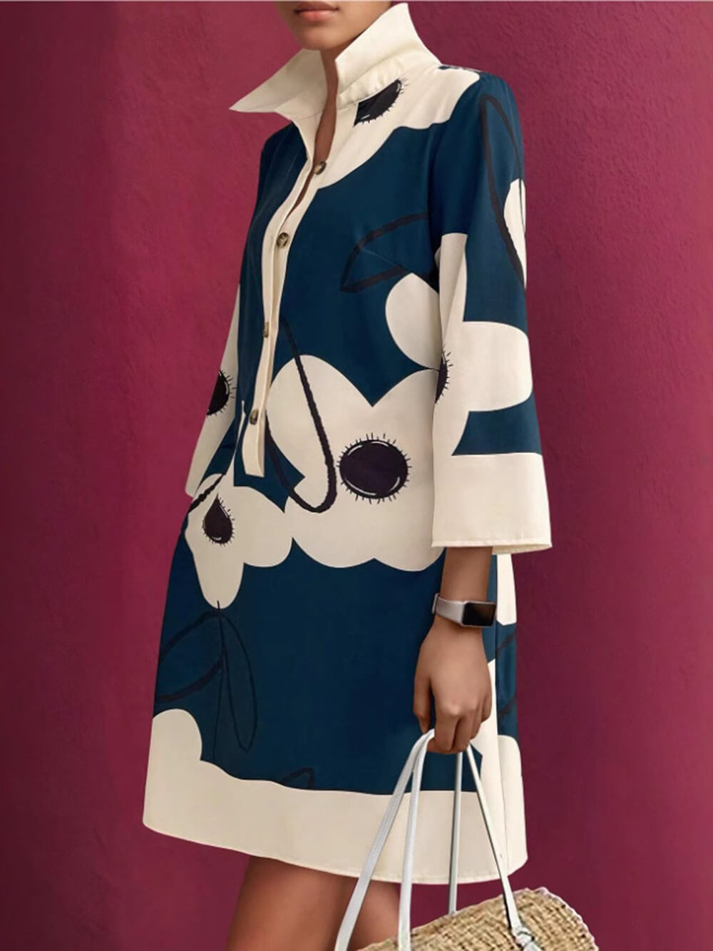 Elegant Printed Loose-Fitting 3/4 Sleeve Mini Dress Blue
