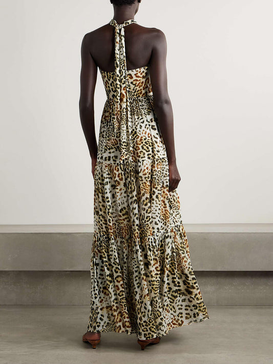 Retro Fierce & Feminine Leopard Print Chiffon Halter Maxi Dress