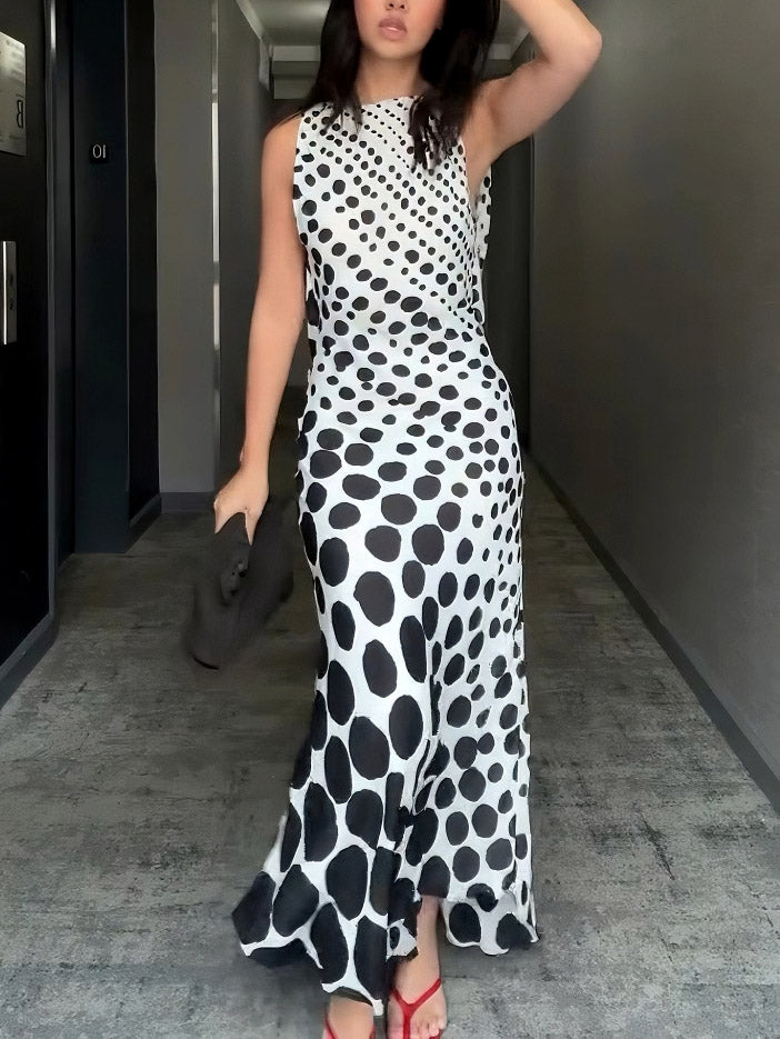 Elegant Gradient Polka Dot Print Backless Maxi Dress Black