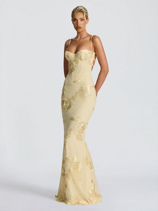 Elegant Floral Embroidered Spaghetti Strap Mermaid Maxi Dress