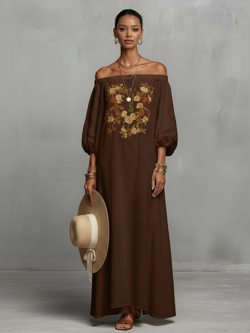 Bohemian Floral Embroidered Off-Shoulder Maxi Dress Brown