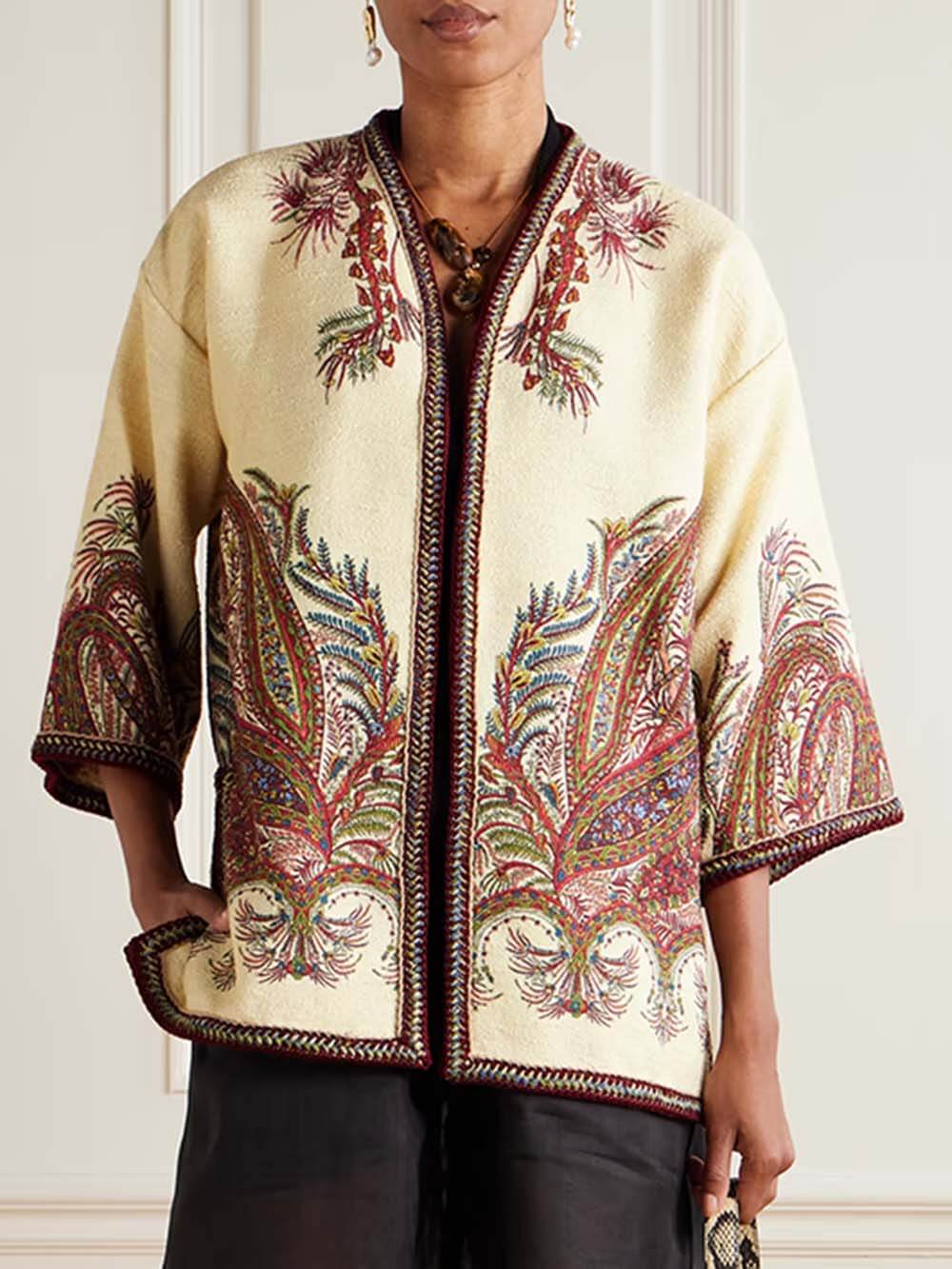 Classic Unique Print Jacquard Loose Jacket Cream One Size