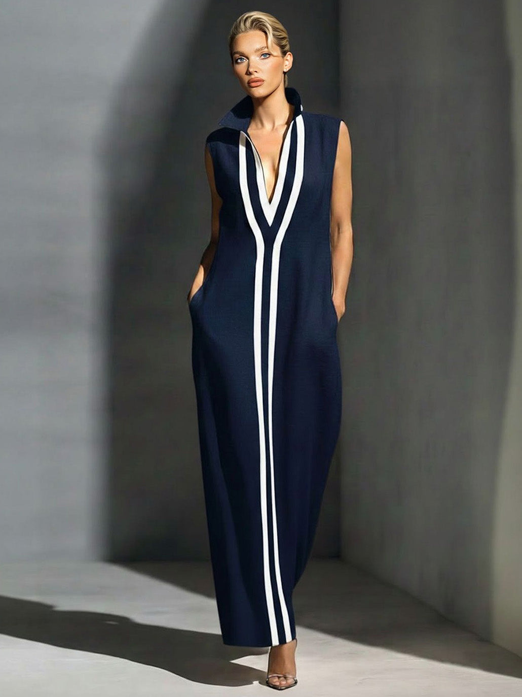 Elegant Sleeveless Deep V-Neck Contrast-Trim Maxi Dress Dark Blue