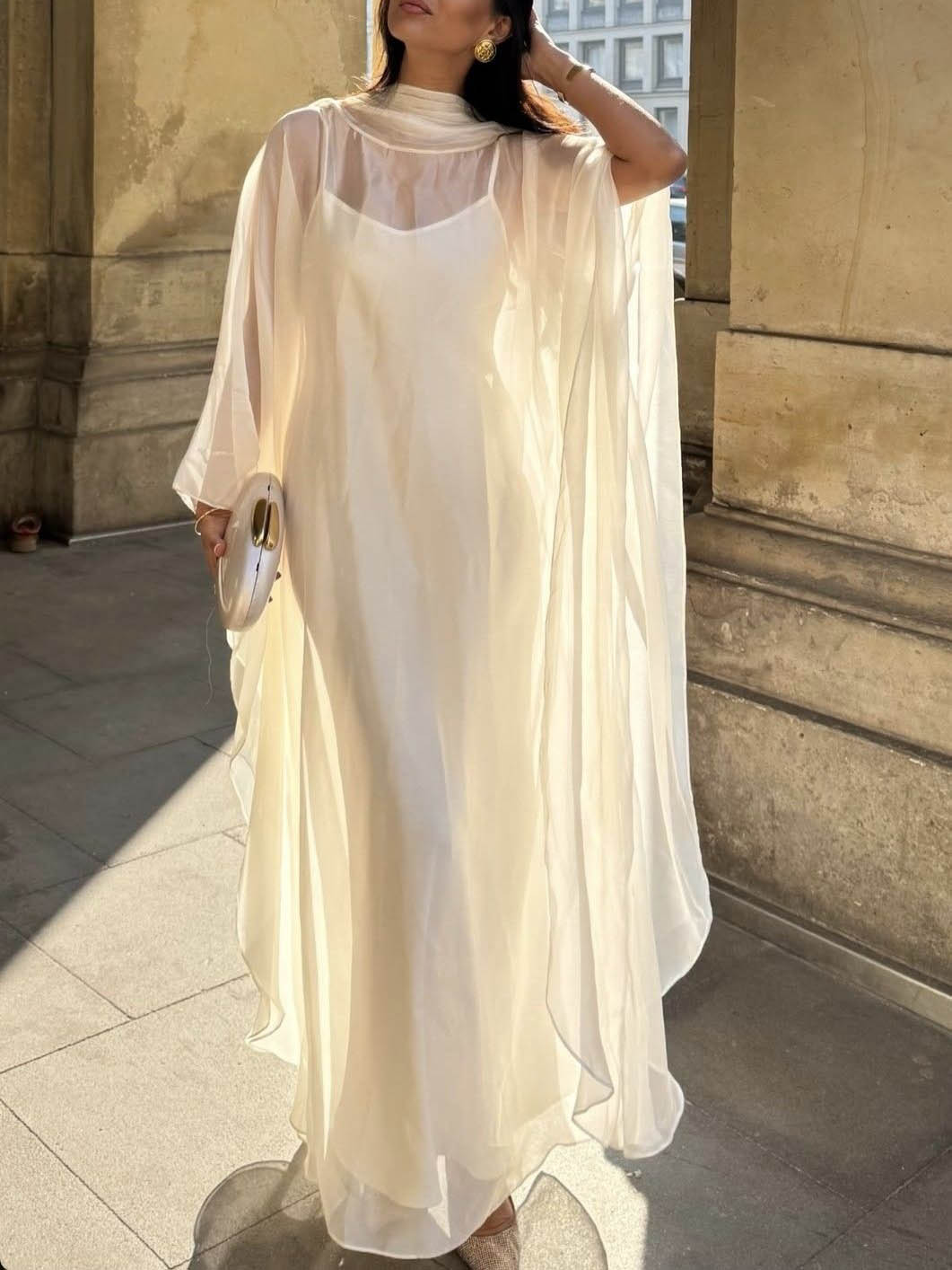 Elegant Sheer Cape Layered Maxi Dress Cream