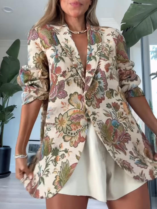 Exquisite Retro Floral Print Oversized Suit Shorts Set Blazer