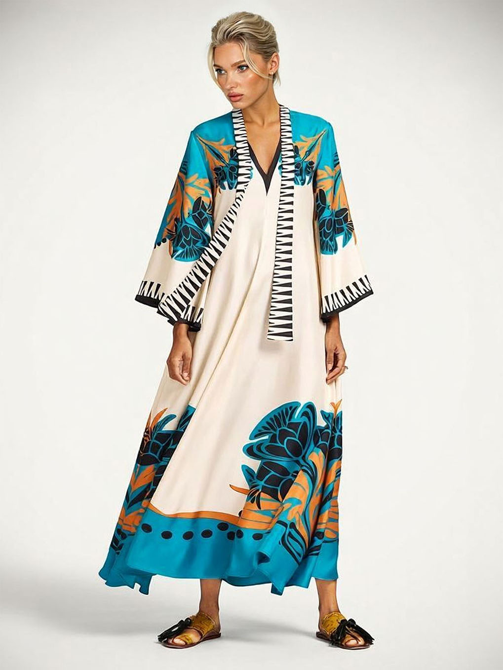 Exquisite Satin Vintage Floral Print Flowing Maxi Dress Cream