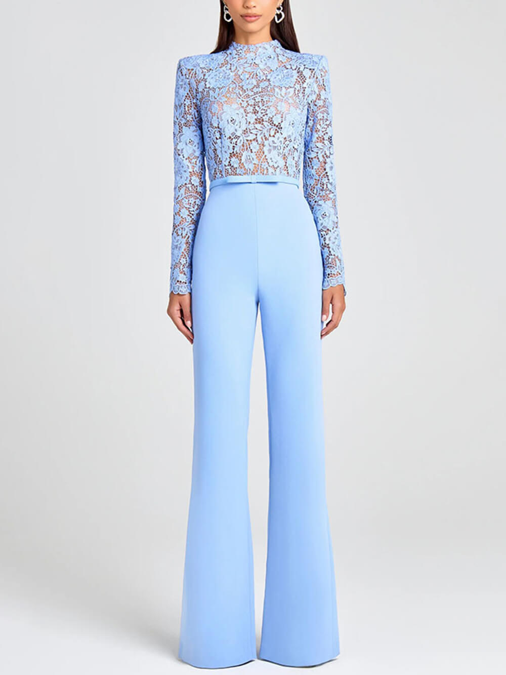 Elegant Party Charmer Flower Lace Patchwork Long Sleeve Bow Belted Flare Jumpsuit Blue
