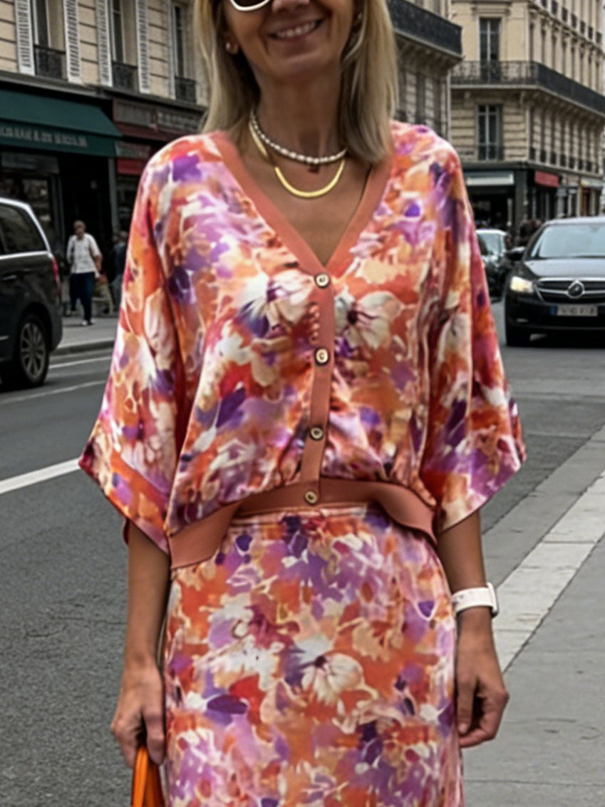 Exquisite Floral Print Satin Batwing Sleeve Shirt Orange Top