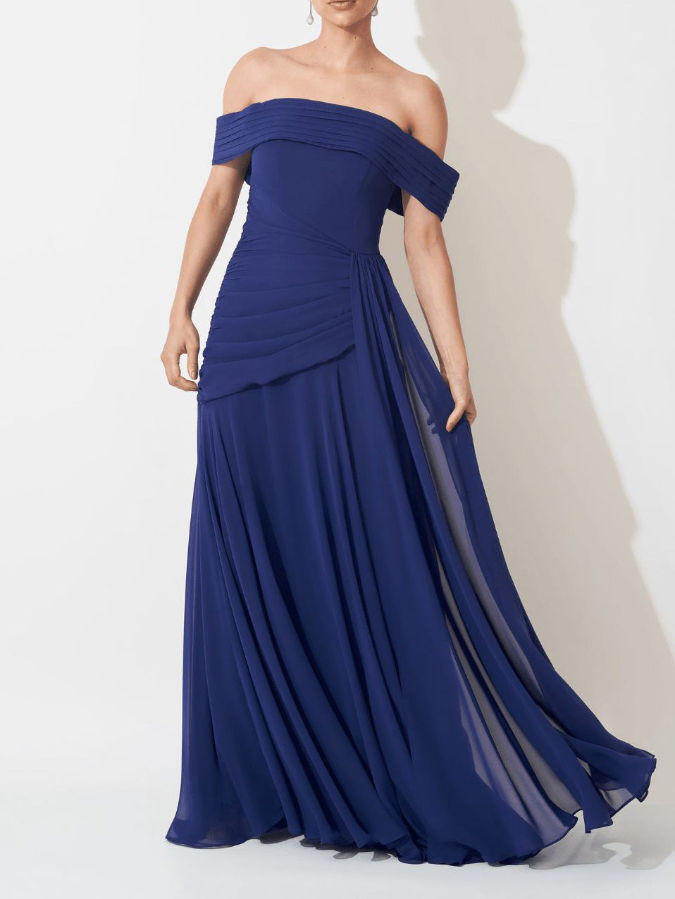 Elegant Off Shoulder Ruched Chiffon Maxi Dress Dark Blue