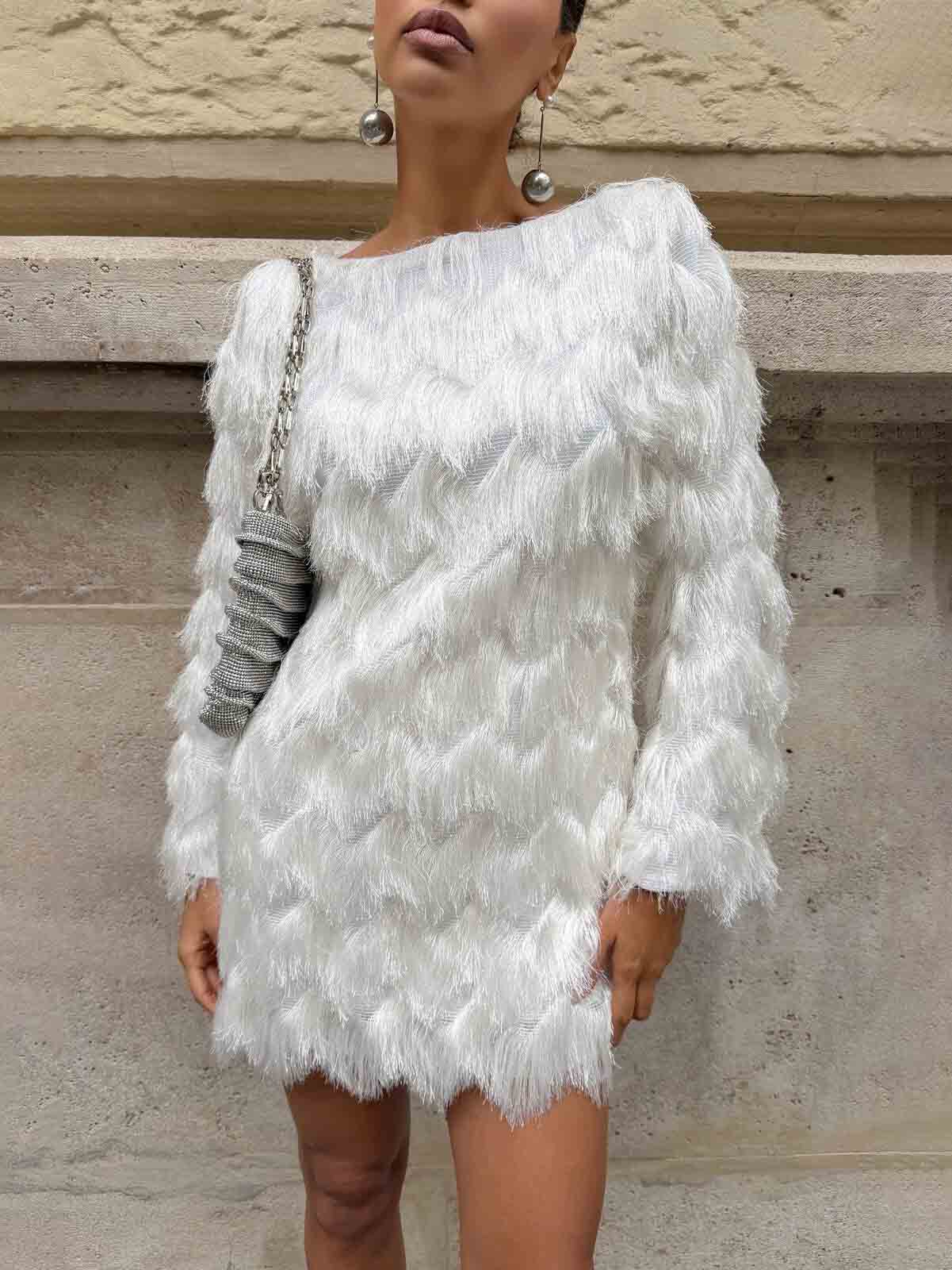 Elegant Textured Fringe Long-Sleeve Mini Dress White