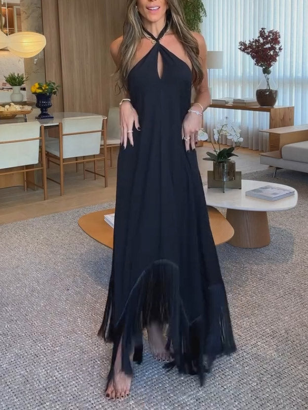 Elegant Halterneck Irregular Tassel Maxi Dress Black